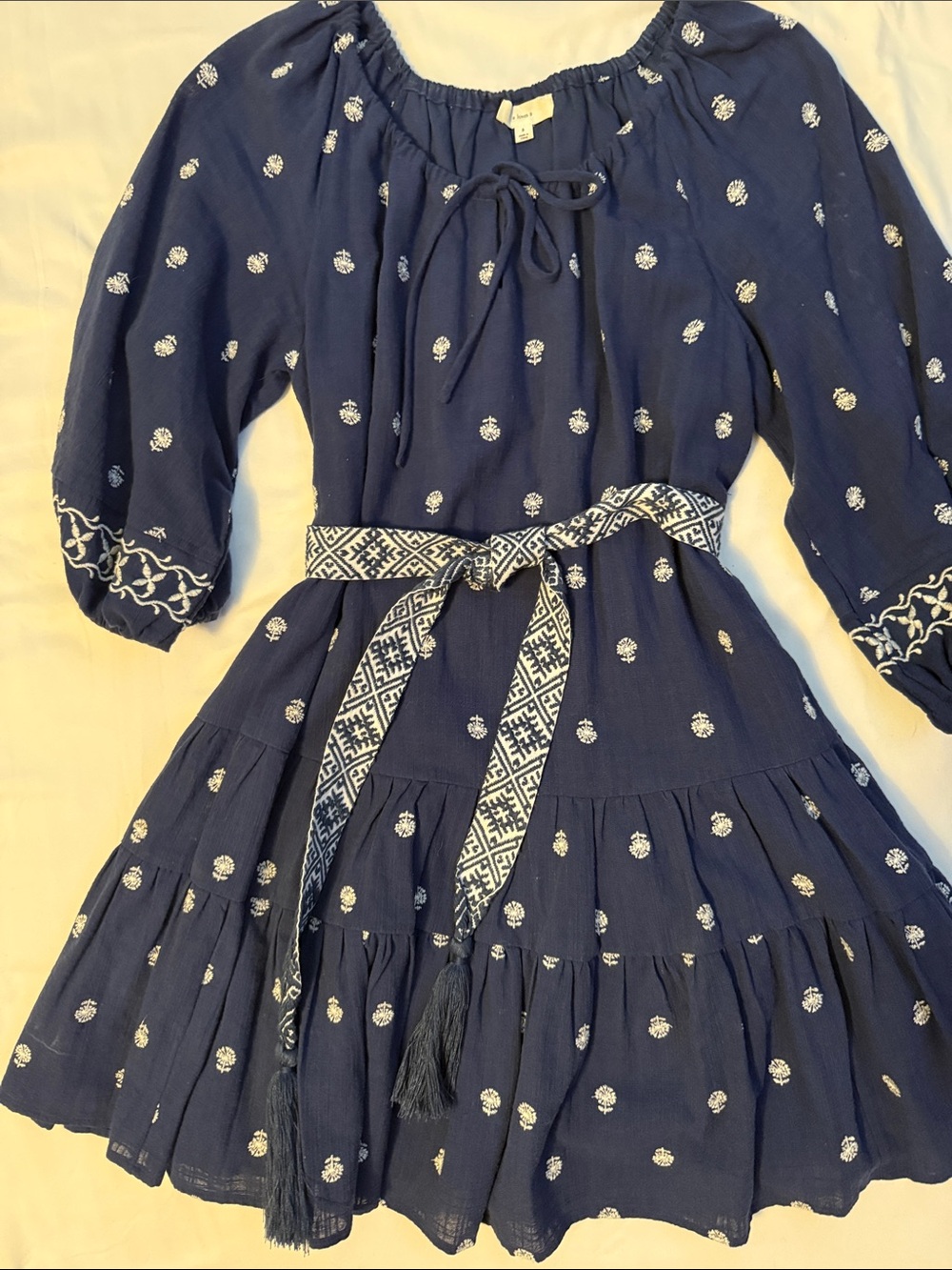 A loves A Navy Blue Embroidered Peasant Dress with Patterned Belt Fully lined